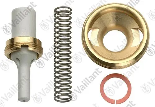 Verschiedene Komponenten eines Vaillant Wassermengenreglers, darunter ein Ventil mit Feder, Dichtung und Metallgehäuse.